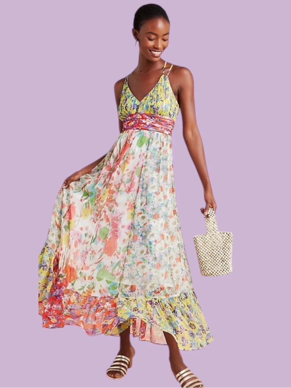 Anthropologie Yellow Floral Pleated Dress with Purple and Teal Accents size 0